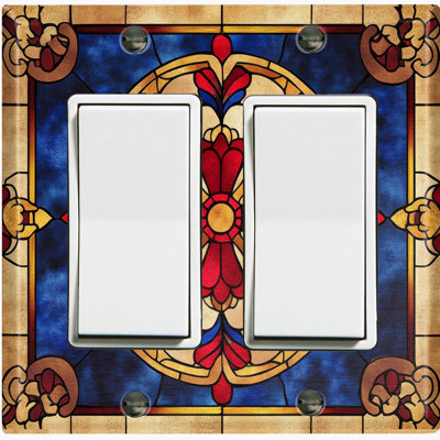 Plaque de protection d'interrupteur en métal ; interrupteur à bascule double GFI, format standard américain – motif médaillon floral en vitrail imprimé