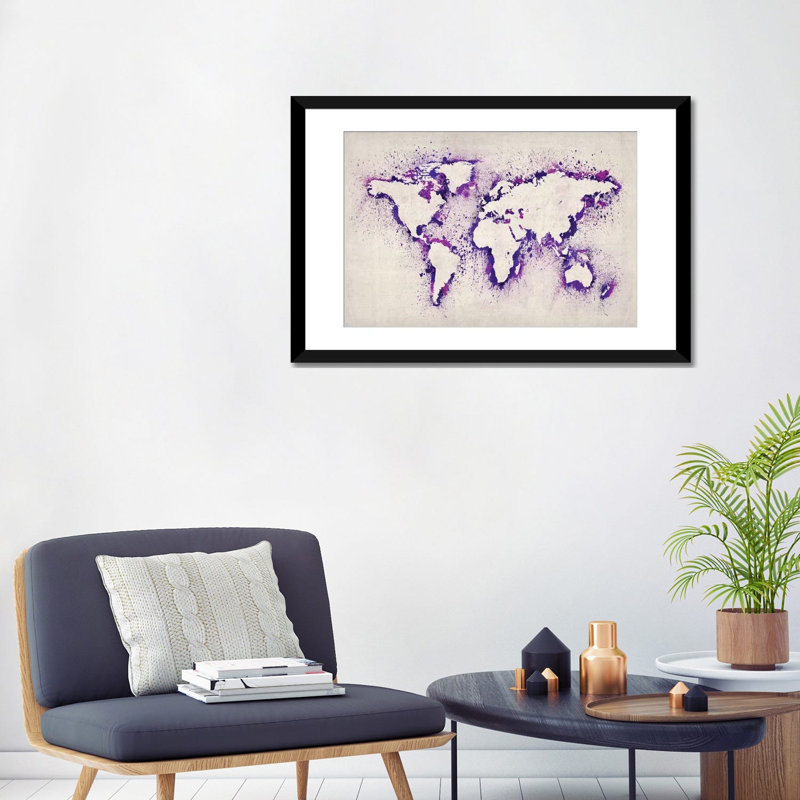 «Map Splash», reproduction d'art sur toile en mauve, H 24 po x l 32 po x P 1 po, Papier d'art encadré noir, Blanc