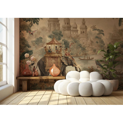Indian Palace Wall Mural | Vintage Elephant Toile Peel and Stick Wallpaper | Living Room Removable Wall Décor