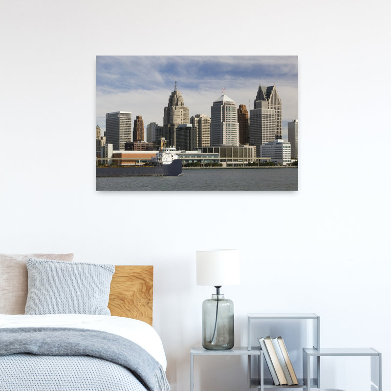 USA Michigan Wayne County Detroit along Detroit River from Windsor Ontario Canada 1 Piece Wrapped Canvas Wall Art