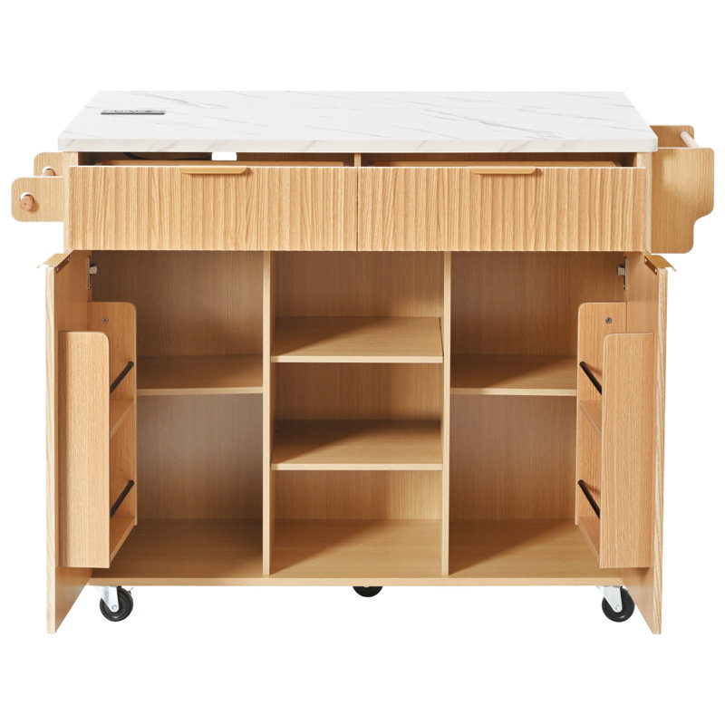 Kitchen Island with Drop Leaf, Power Outlet, Natural