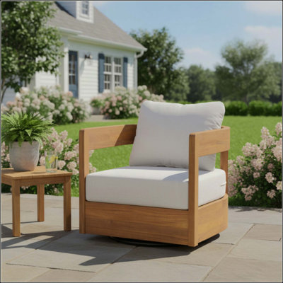 Fauteuil club d'extérieur pivotant en bois avec coussin