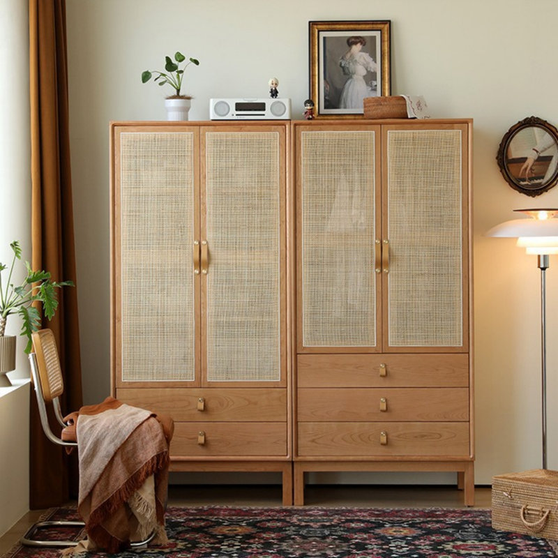 Simple Solid Wood and Rattan Woven Wardrobe