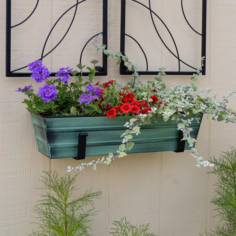 Small Green Galvanized Metal Flower Box with Wall Brackets