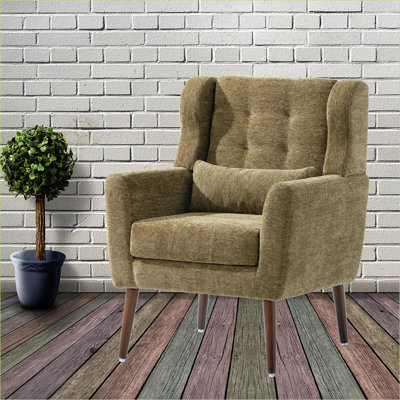 Fauteuil d'appoint rembourré en chenille, méridienne rembourrée vert olive avec coussin, pieds en bois massif pour petit salon et chambre à coucher