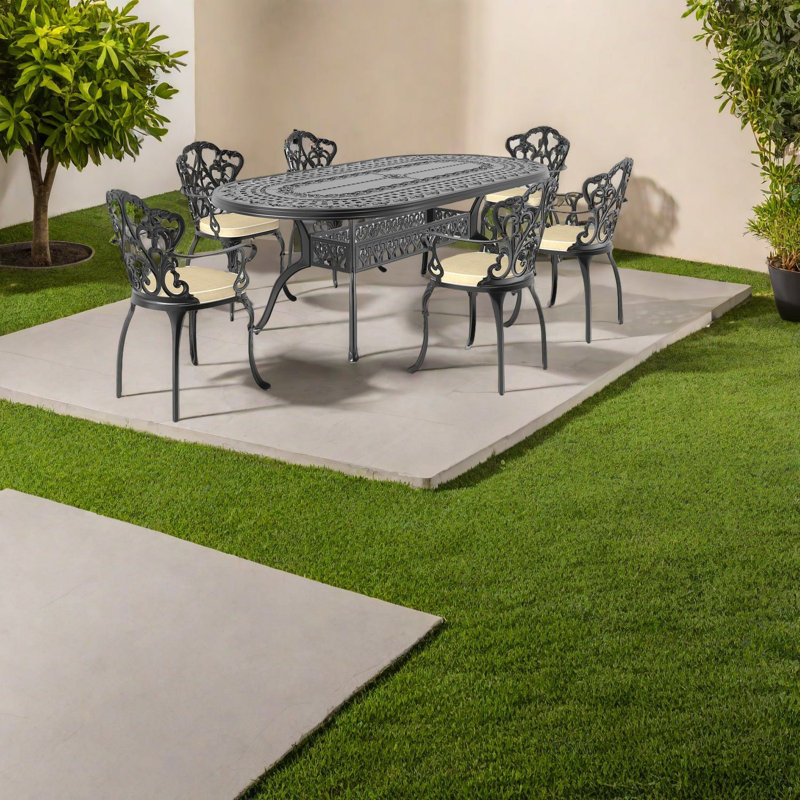 Ensemble de salle à manger élégant en aluminium, cadre noir 7 pièces, charme extérieur