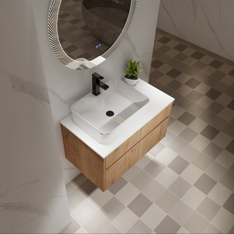 Ensemble de meuble-lavabo simple 32 "avec lavabo en céramique et portes à fermeture douce, Imitation chêne