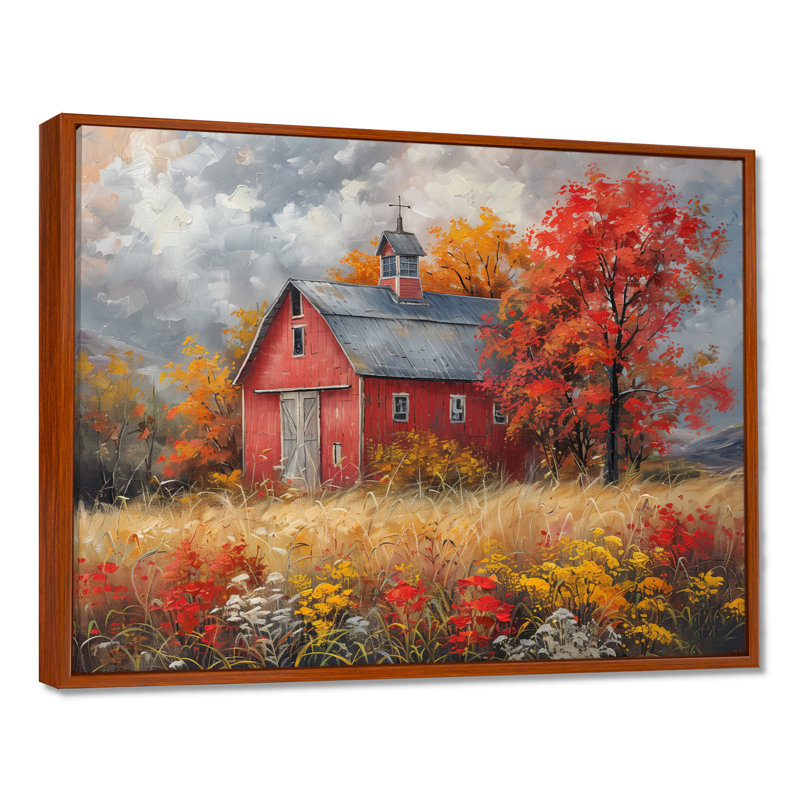 Automne rouge grange brise I - impressions encadrées de grange, Toile avec cadre flottant brun, H 34 po x l 44 po x P 1,5 po