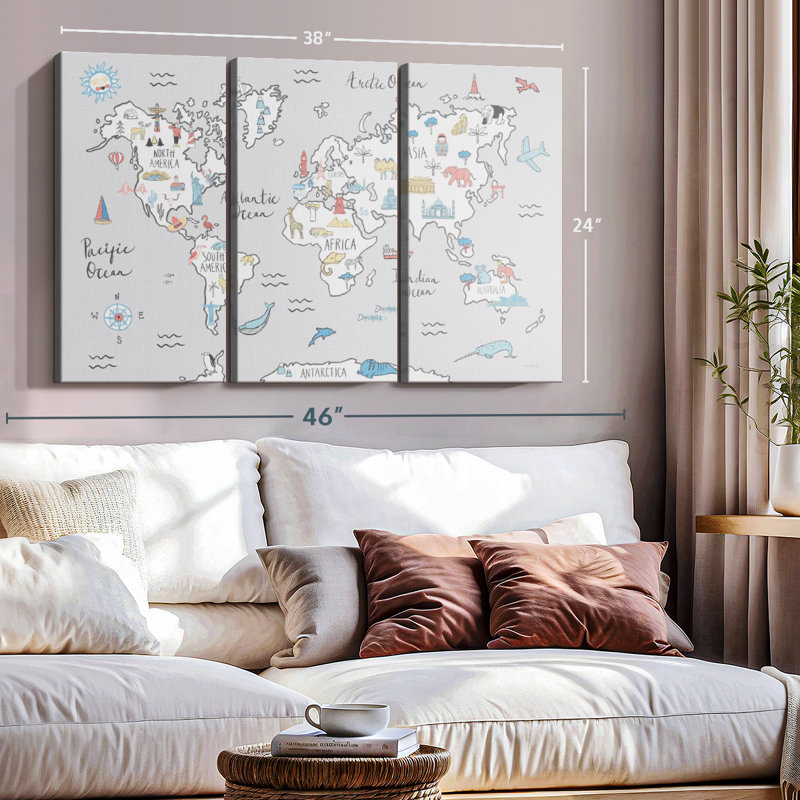 «World Map Pastel» sur toile, H 24 po x l 38 po x P 1,25 po