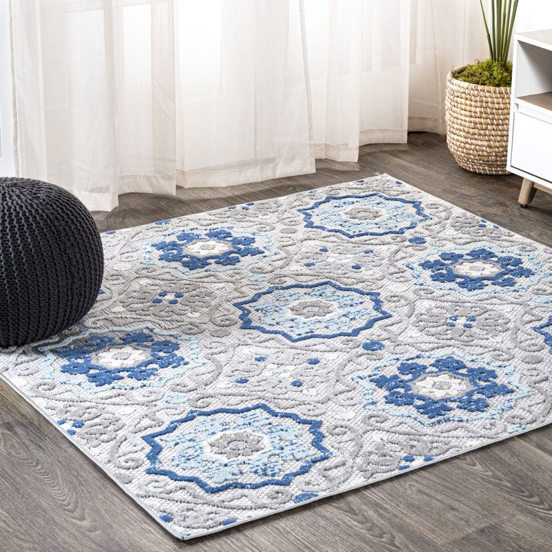 Leto Medallion Blue/Gray Indoor/Outdoor Rug, Square 5'3"