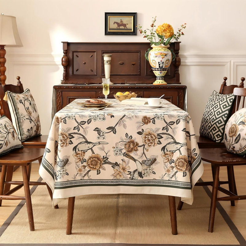 Nappe vintage en lin floral et oiseaux 55 "x 71", infroissable pour la fête