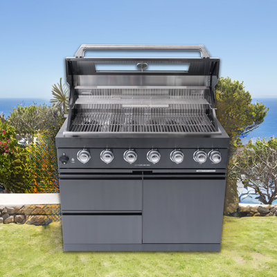 Barbecue au gaz noir American Design, espace de cuisson de 96 x 45,5 cm, brûleur réglable à hauteur arrière, tiroirs de rangement à six brûleurs, allumage électronique, deux lumières halogènes