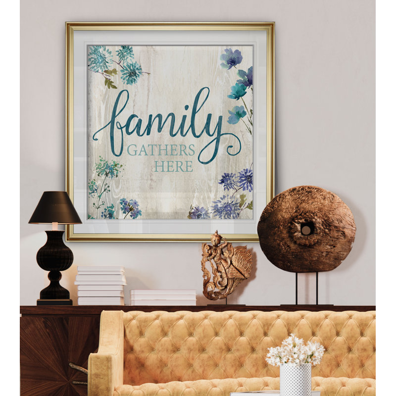 «Family Gather Here», art textuel, H 27 po x l 27 po x P 1,5 po, Cadre doré