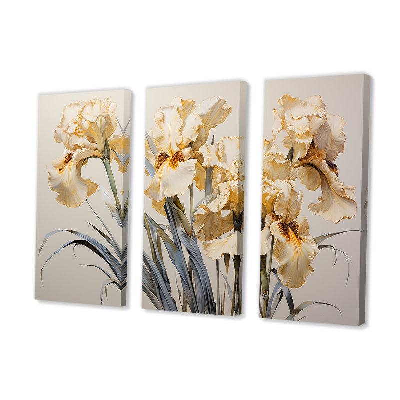 «Beige and Gold Minimalisme Irises I», ensemble d'art sur toile, H 32 po x l 48 po x P 1 po