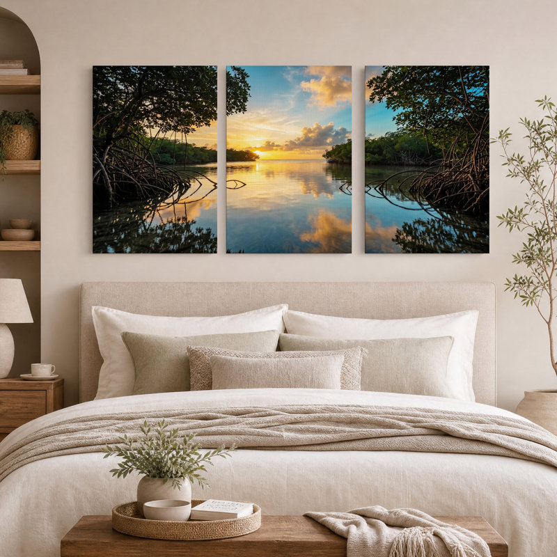 Ensemble de 3 toiles murales « Racines de mangrove encadrant un coucher de soleil doré », 36"H x 24"W x 3pcs