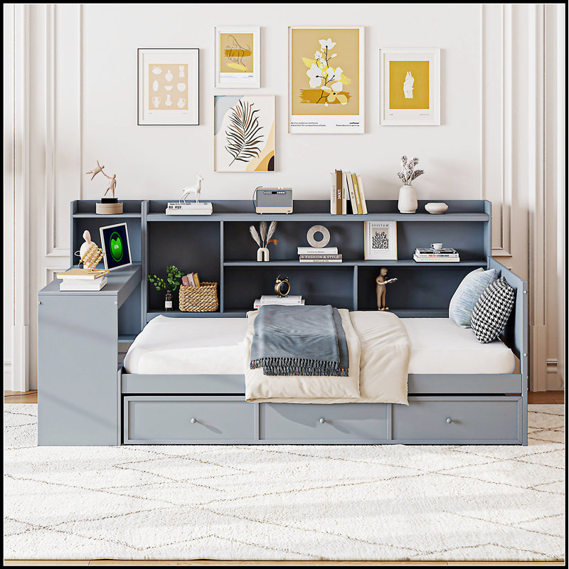 Lit de jour en bois avec 3 tiroirs, ports USB et bureau intégré pour les chambres modernes, Gris, Lit simple