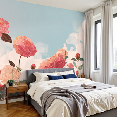 Papier peint adhésif peler et coller avec pivoines pastel douces et ciel nuageux H 69 po x l 96 po, papier mural amovible en PVC, adhésif pour chambre à coucher, salon, bureau à domicile