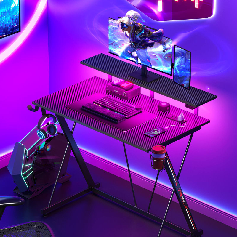 Gaming Desk with LED Lights & Power Outlets, Computer Desk with Monitor Shelf, 34.20" H x 31.50" W x 19.70" D