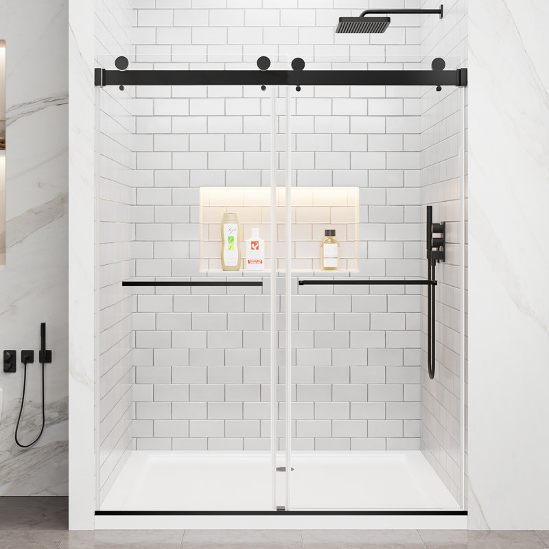 56-60 " W X 76 " H Double Sliding Frameless Shower Door 5/16" Tempered Glass with Explosion-Proof Film, Stainless Steel Hardware, Matte Black
