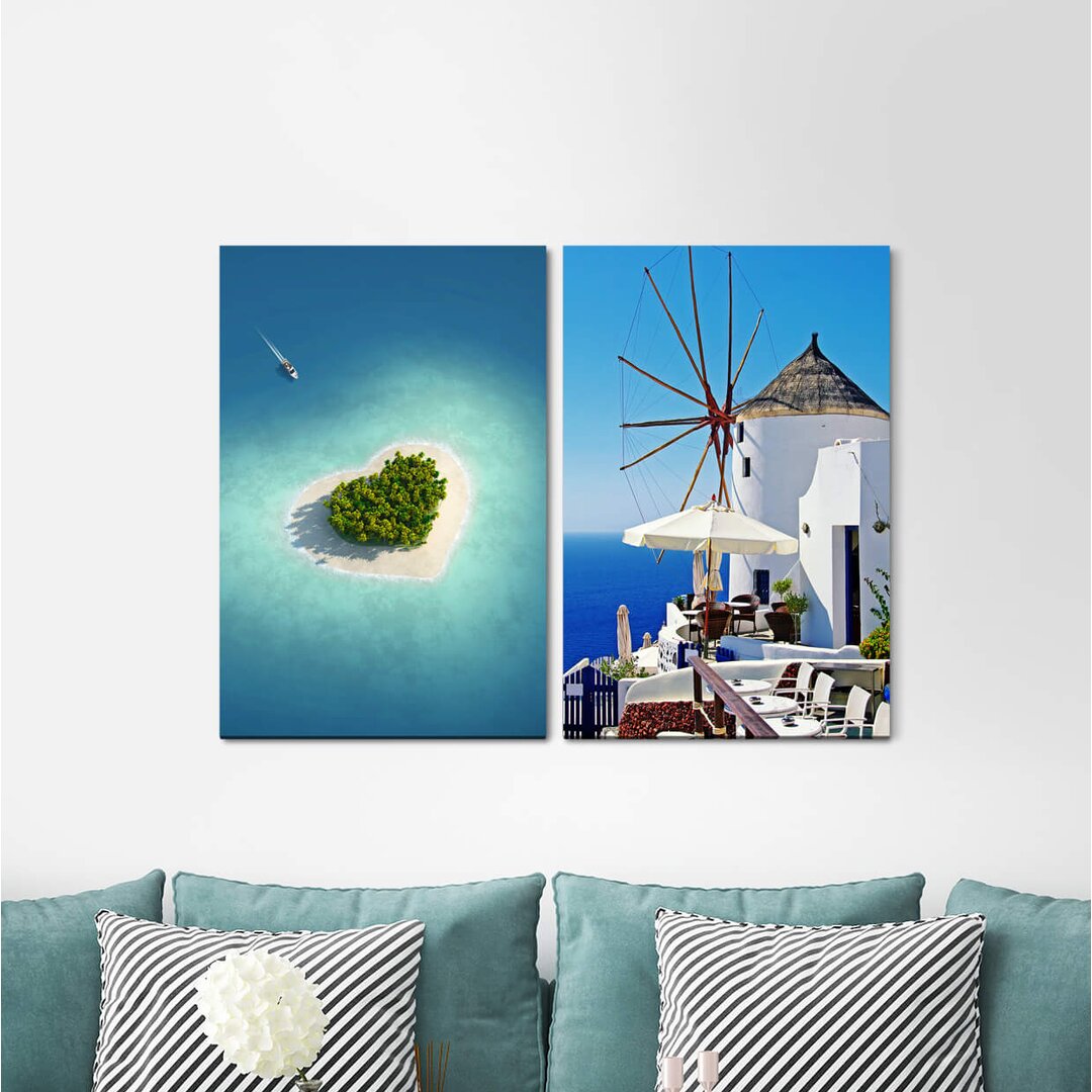 2-tlg. Leinwandbilder-Set - Fotografie „Maldives Heart Island Santorini Mediterranean Dreamlike Blue Sea Summer”