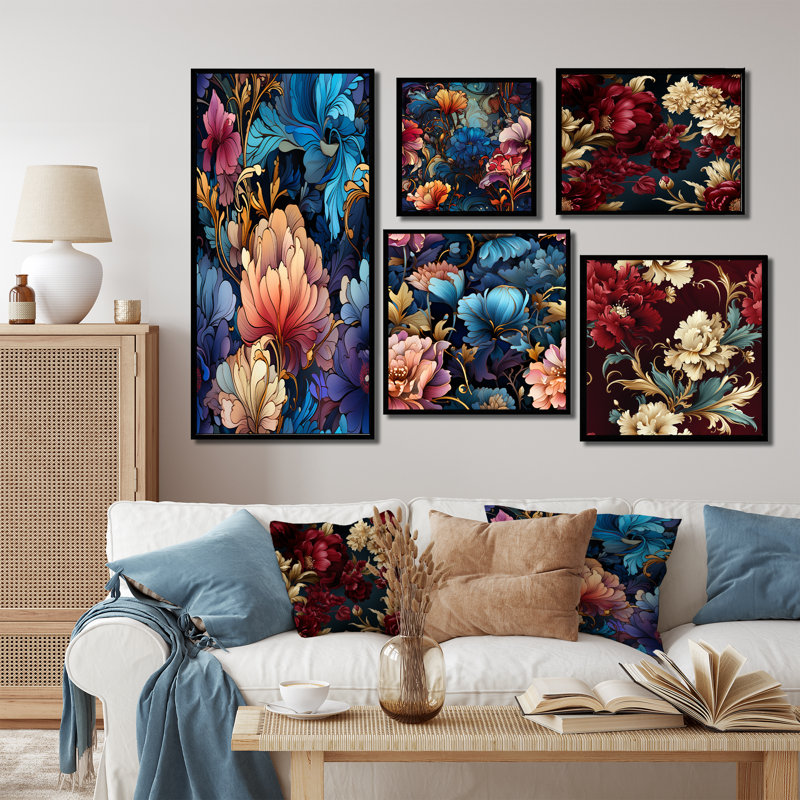 Kaleen - Ensemble de 5 impressions sur toile florales, Cadre flottant noir