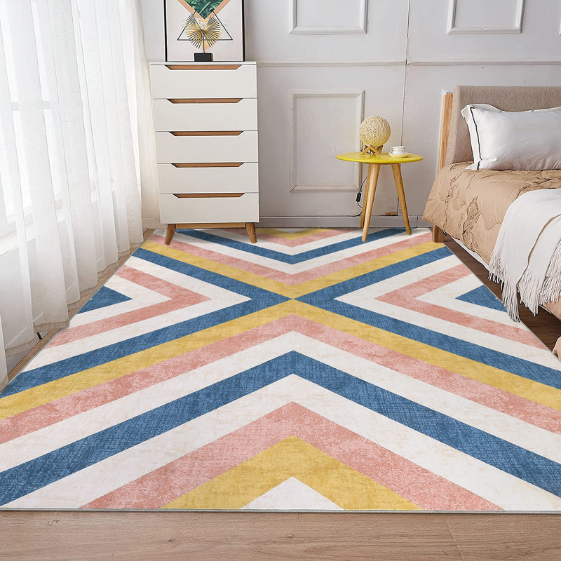 Sommer Chevron Machine Washable Rug with Rubber Backing for Living Room Geometric Non-Slip Dining Room Rug for Bedroom Floor Carpet for Office Nursery Playroom