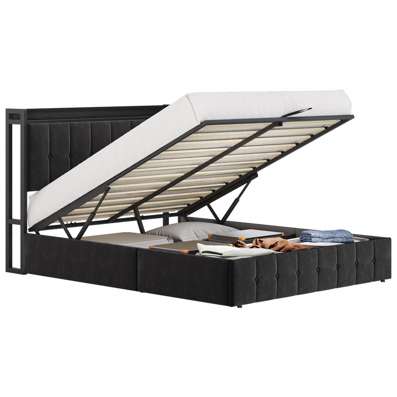 Queen Size Lift Up Storage Bed, Upholstered Velvet Bed Frame with Storage Headboard, Metal Platform Bed, No Box Spring Needed, Solid Wooden Slats, Noise Free, Black