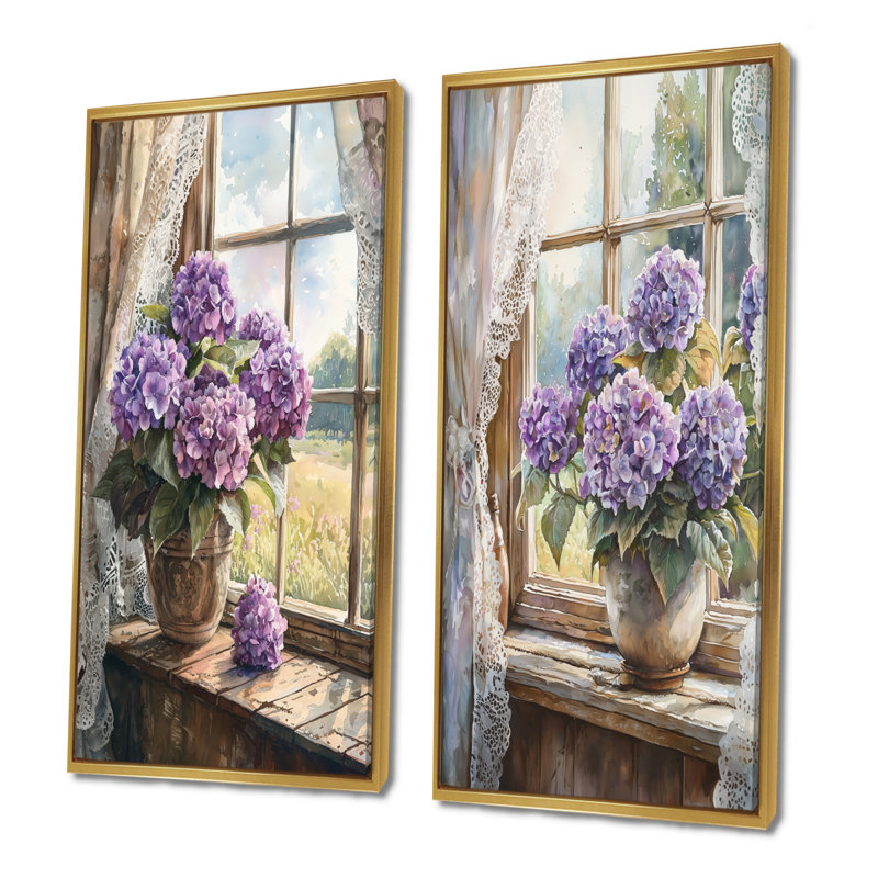 Hydrangeas par la ferme fenêtre I - impressions sur toile florales 2 panneaux, Cadre flottant doré, H 28 po x l 25 po