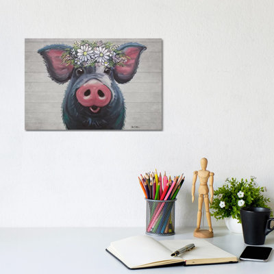 Lulu The Pig With Daisies Farmhouse Style by Hippie Hound Studios - Wrapped Canvas Print