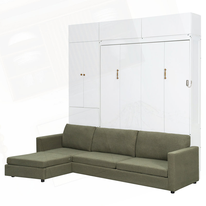Grand lit escamotable mural avec canapé et tablettes, lit pliable peu encombrant pour petits appartements, Blanc