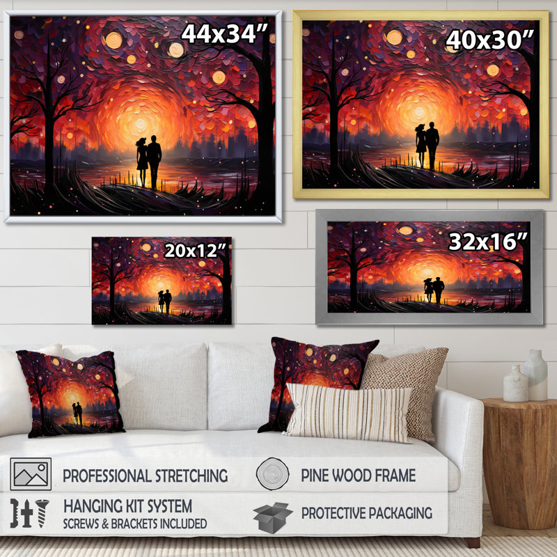 Abstrait couple romantique pointilisme paysage, Cadre flottant blanc, H 24 po x l 32 po x P 1 po