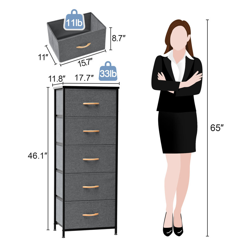 Annyka 5 Drawer Steel Dresser, Beige, Black/Gray