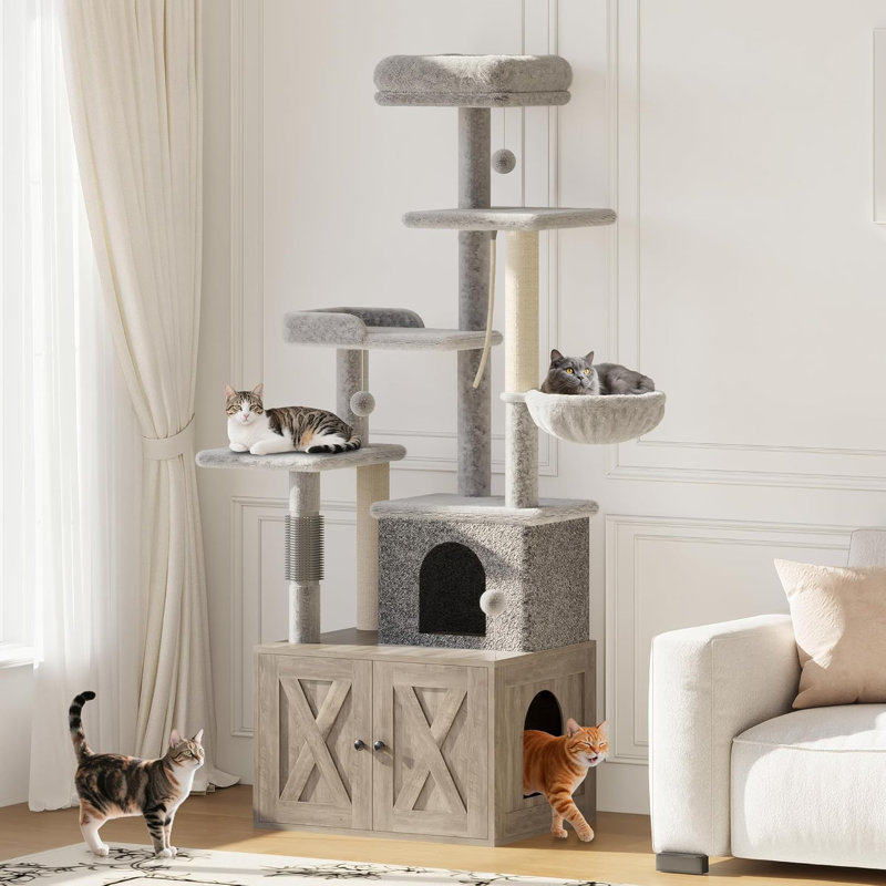 Grand arbre à chat avec bac à litière, maisonnette pour chat à plusieurs niveaux, hamac, perchoir, grattoir et jouets, Gris