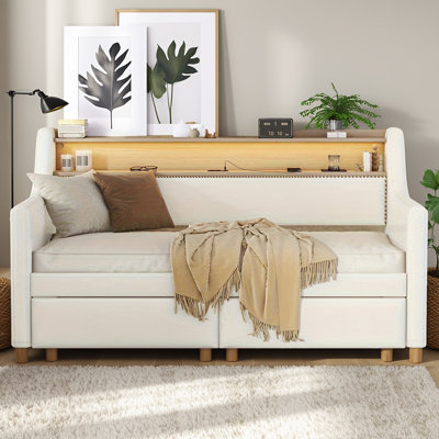 Lit de jour rembourré simple avec tiroirs de rangement, station de charge USB, lumières à DEL RVB et rangement pour tête de lit