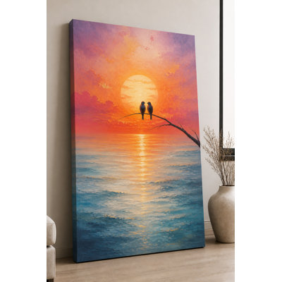 Large Sunset Ocean Love Birds Canvas Wall Art Fantasy Sky Bird Painting Romantic Seascape Artwork for Bedroom Living Room Decor 24x36 Inch Canvas Print - Ready to hang