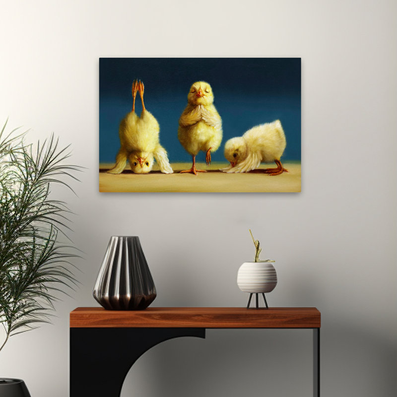 Poussins de yoga - animaux, fantaisie urbaine et pop surréalisme, H 16 po x l 24 po