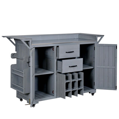 Modern 60.2 Inch Wide Outdoor Kitchen Island On Wheels, Rolling Patio BBQ Cart With Stainless Steel Top, Wood Grill Station With Spice Rack, Wine Rack And 2 Drawers, Gray