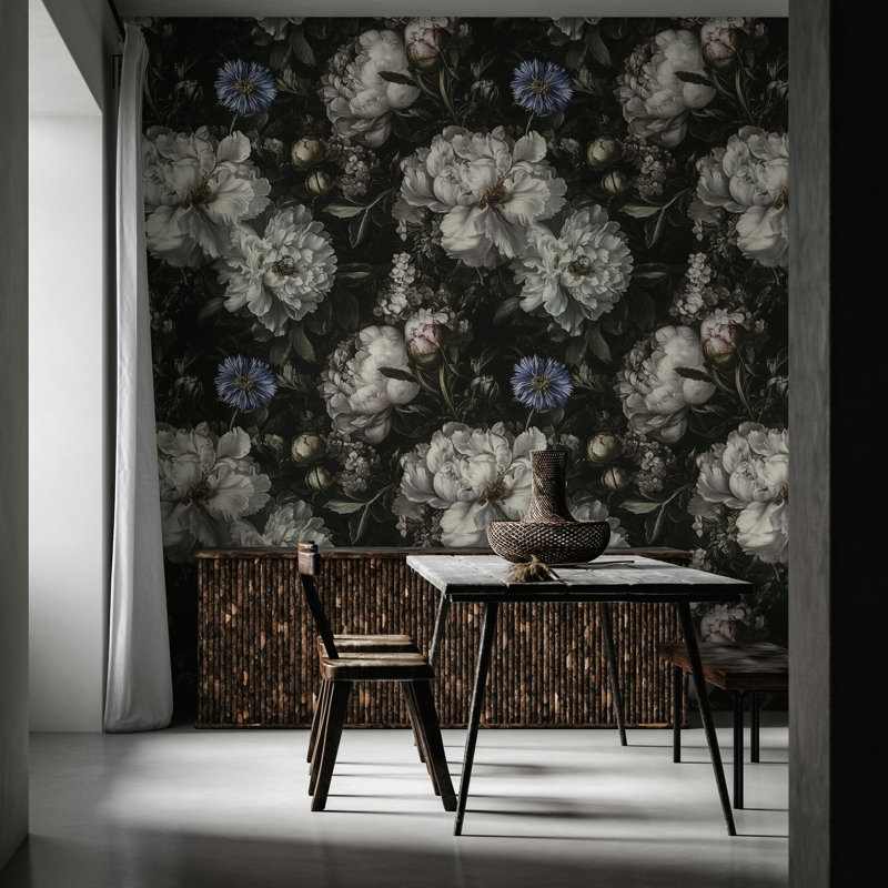 Papier peint classique classique avec nature morte, pivoines blanches et asters bleus, motif floral élégant