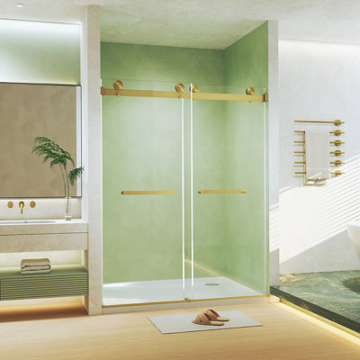 Frameless Double Sliding  Shower Door 44-48 "W X 74" H, 5/16 "(8Mm) Tempered Glass, Explosion Proof Film, Stainless Steel Handle, Square Tube Track, Brushed Gold