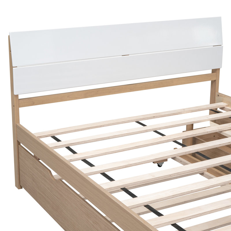 Cadre de lit blanc ultrabrillant avec lit gigogne simple et 2 tiroirs pratiques. Construire. Conception élégante. Option d'espace. Tiroirs de rangement complets de couleur chêne facile à assembler