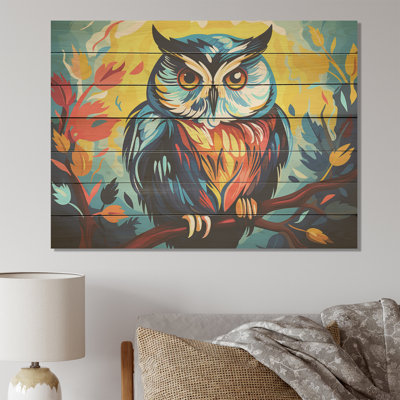 Colourful Owl Popart Watchers III - Owl Animal On Wood Print