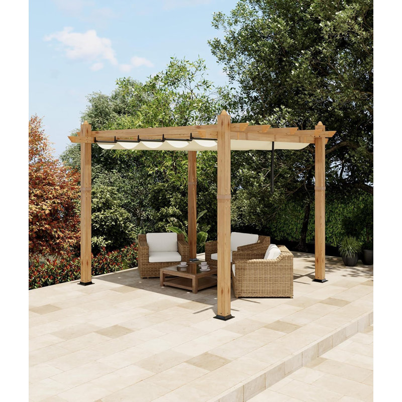 Outdoor Retractable Pergola Aluminium Pergola Canopy with Adjustable Roof, Upgraded Faux Wood Grain Modern Metal Patio Pergola for Deck, Backyard Garden, Porch, Grape Trellis