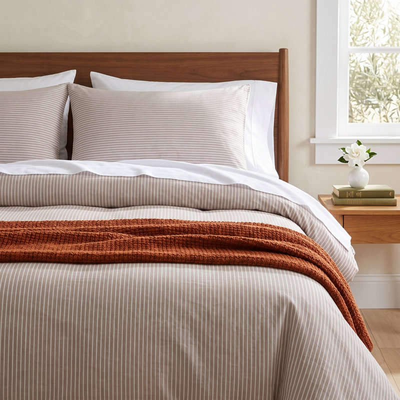 Allyssa Cotton Percale Striped Duvet Cover, King Duvet Cover + 2 Pillow Shams, Navy