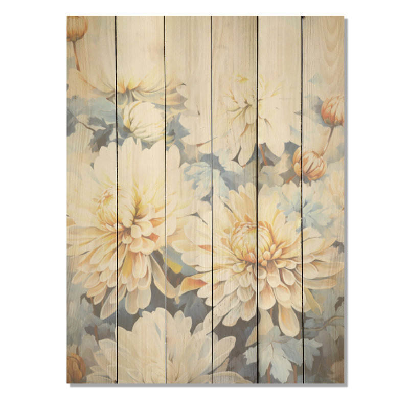 Minimalisme Blooming Mums, peinture en bleu et or I - Mums, art sur bois de pin naturel, H 40 po x l 30 po
