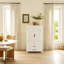 Grande armoire de rangement multifonctionnelle blanche et naturelle avec détails sculptés