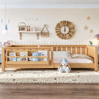 Twin Kids Floor Bed with Built-In Bookshelf and Safety Guardrails, Low Profile Pine Wood Bed, Light Natural