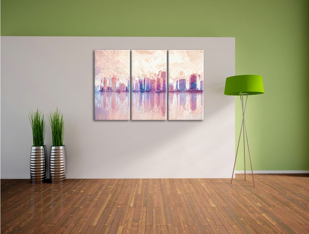 3-tlg. Leinwandbilder-Set „Miami Florida Skyline bei Sonnenuntergang“, Grafikdruck