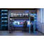 Lit mezzanine double en bois avec bureau, support de rangement latéral, tablettes multiples et lumière RVB, bleu nuage