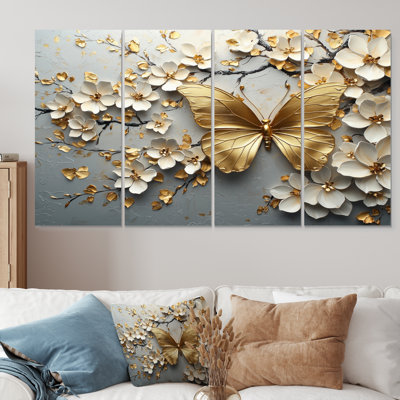 Papillon doré sur arbre à fleurs de cerisier II - Ensemble de décoration murale cerisier en fleurs