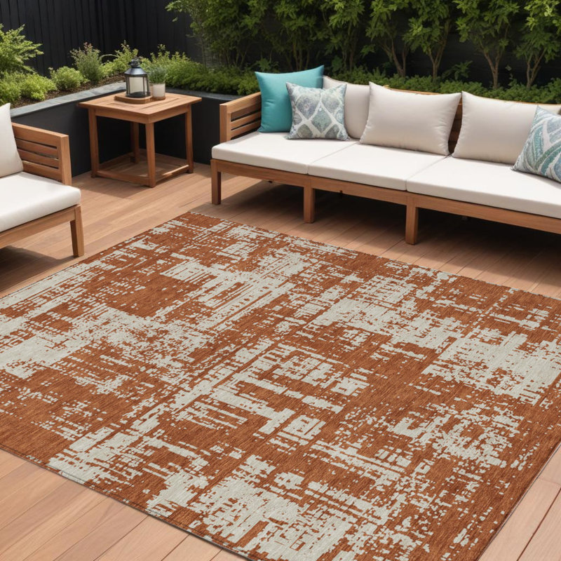 Tapis extérieur lavable abstrait brun et ivoire 10 pi x 14 pi